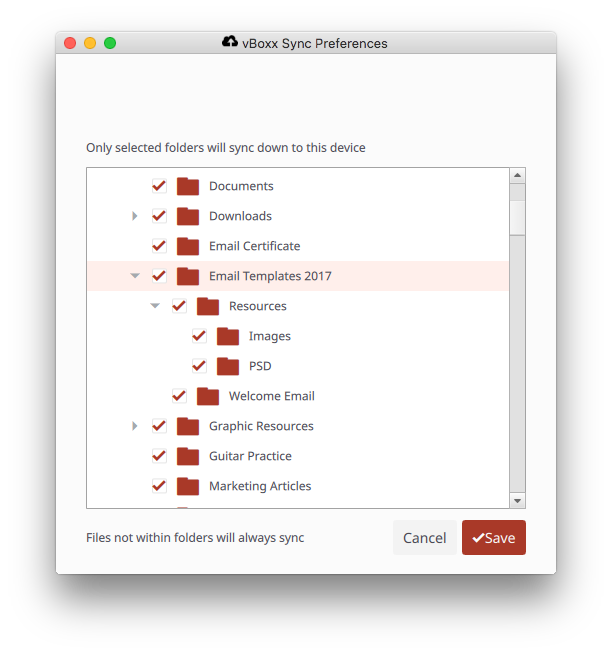 select folders for selective sync - vBoxxCloud